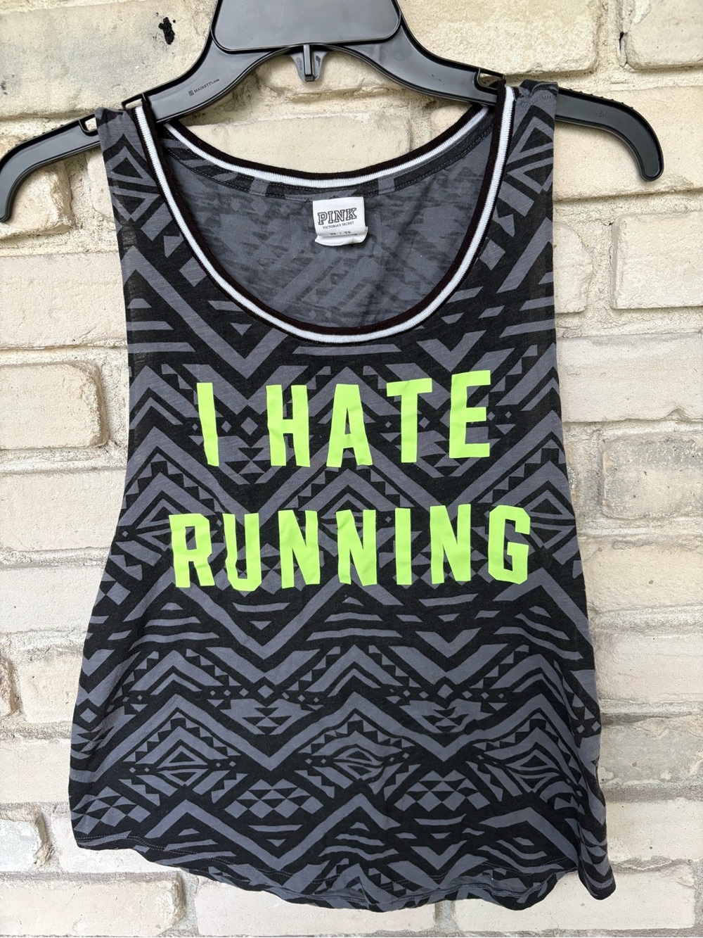 PINK Victoria's Secret Black & Neon Green Geometric 'I HATE RUNNING' Tank